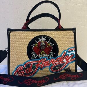 Ed Hardy Beige Woven Satchel with Red Script and Black Trim